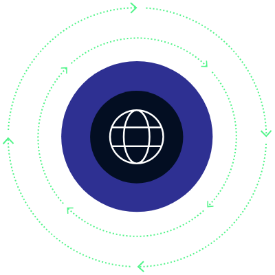 Globe icon inside and black and purple circle with green dotted lines around it